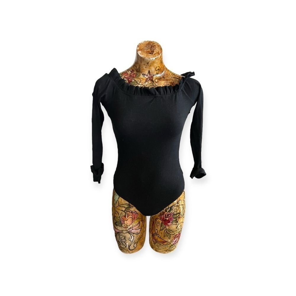 Lovers + Friends bodysuit black ruffle collar Medium one piece